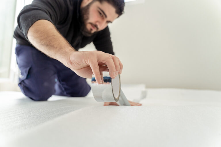 Man,Joining,Insulation,To,Install,A,Wooden,Floor